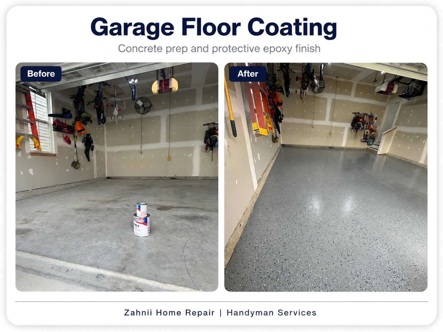 Garage floor coating project by Zahnii Home Repair